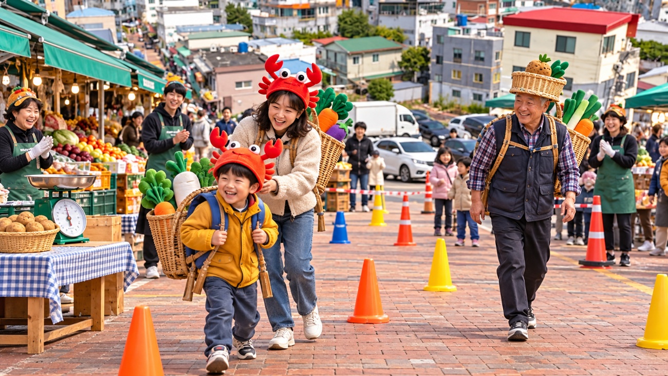 아이와 어른이 가벼운 물산 모형을 담은 바지게를 메고 장터 코스를 걷는 가족 체험 연출 이미지