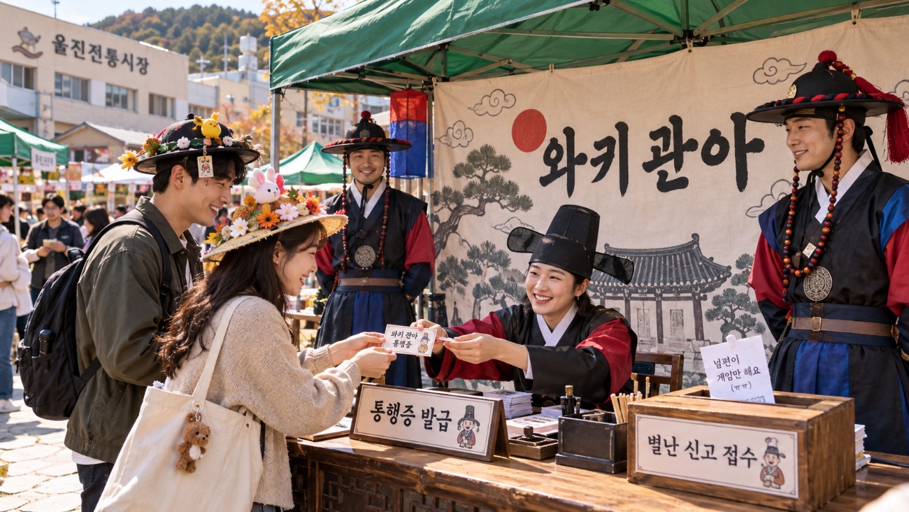 시장 관아 부스에서 통행증을 받고 별난 사연을 접수하는 참가자들의 연출 이미지