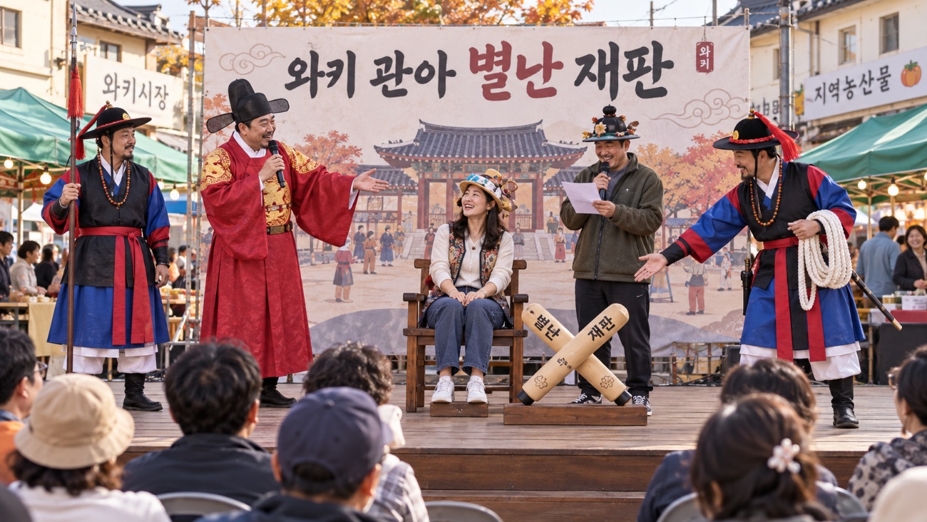 사또 사회자와 포졸 두 명, 참가자들이 무대에서 웃으며 별난 재판 상황극을 진행하는 연출 이미지