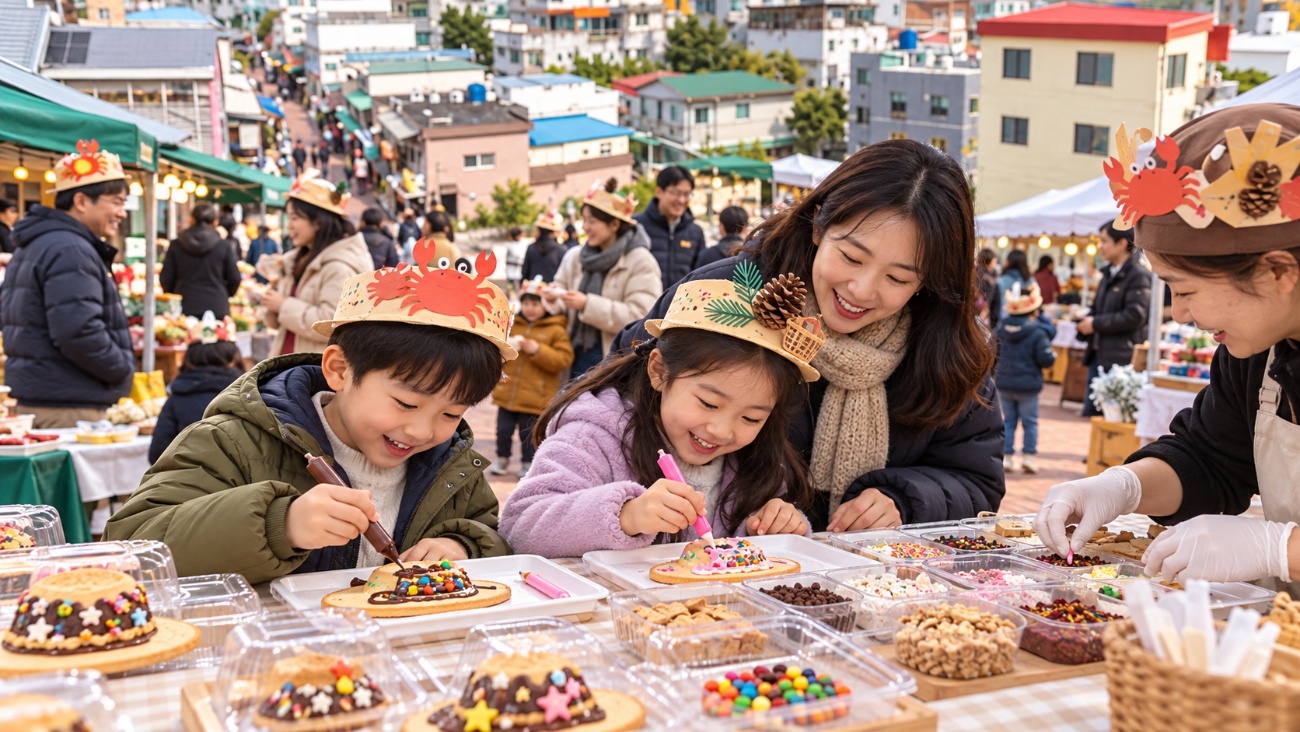 가족이 초콜릿 펜과 토핑으로 모자 모양 쿠키를 꾸미는 모습