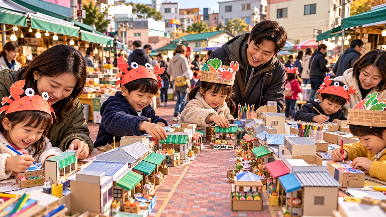 가족들이 종이 점포를 꾸미고 한데 모아 작은 바지게시장을 만드는 연출 이미지