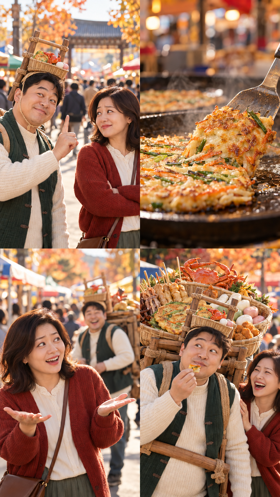 먹거리를 담은 바지게를 메고 시장 음식을 맛보는 콘셉트 이미지